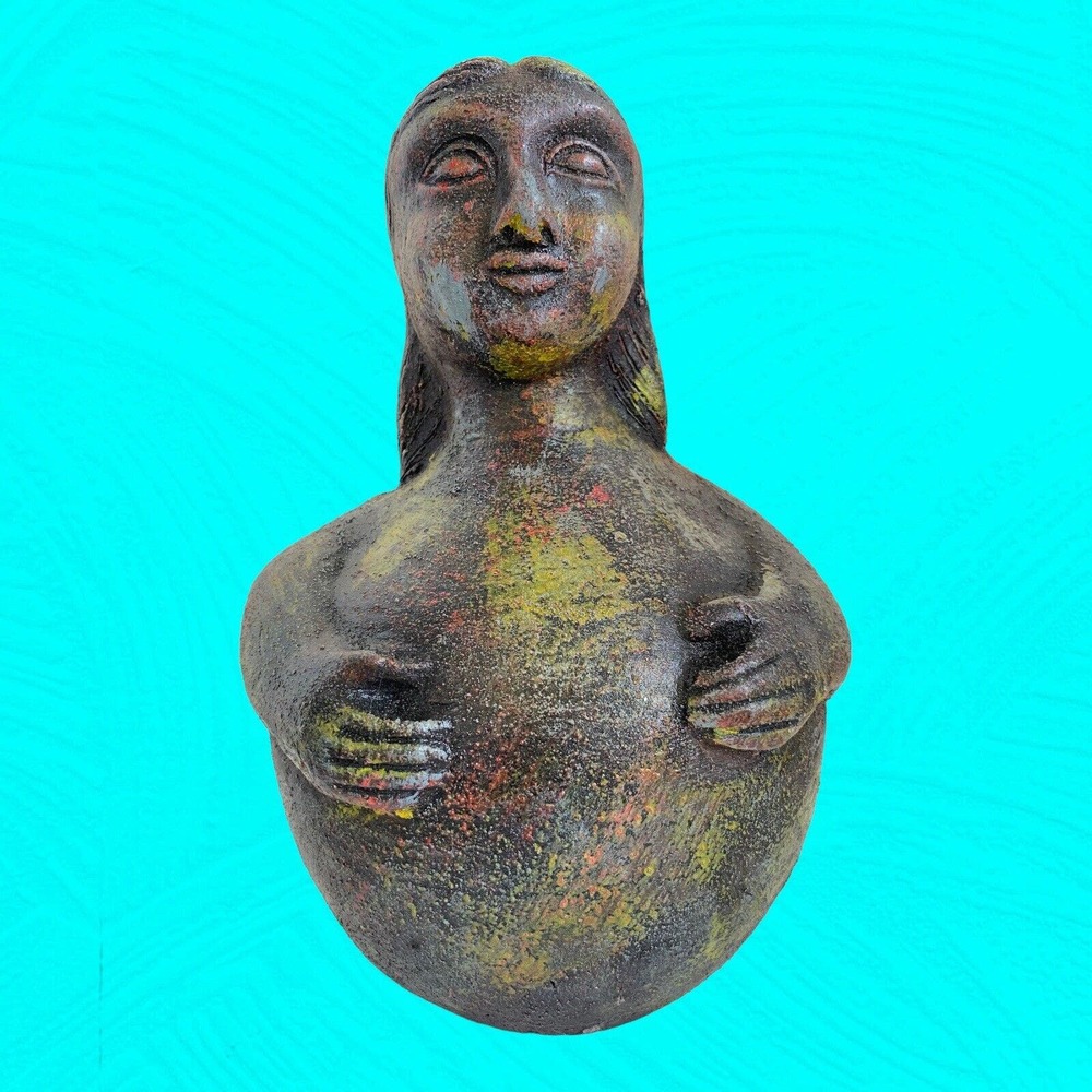Vtg Peruvian Folk Art Pottery Figurine Chulucanas 10” Black Multicolor Overwash